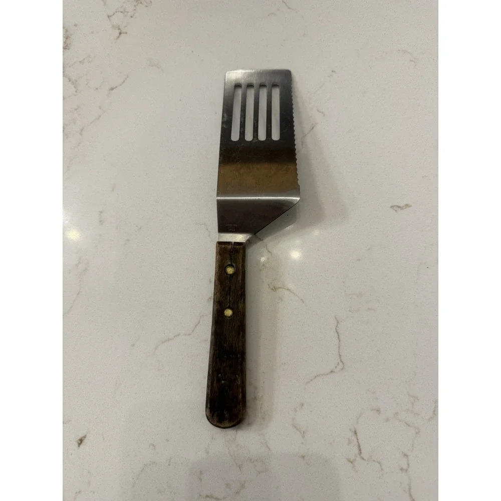 Vintage Short Wood Handle‎ Serrated Slotted Spatula Made In Japan Turner Server